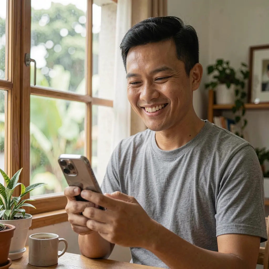 QQ63 App – Enjoy a smooth and user friendly mobile casino experience in the Philippines Happy Filipino man relaxing at home while using the QQ63 mobile casino app on his smartphone with natural daylight streaming through the window