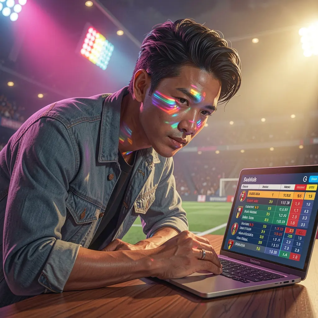 Focused Filipino sports bettor analyzing live basketball odds on a laptop with colorful stadium lights reflecting his face using the QQ63 betting platform