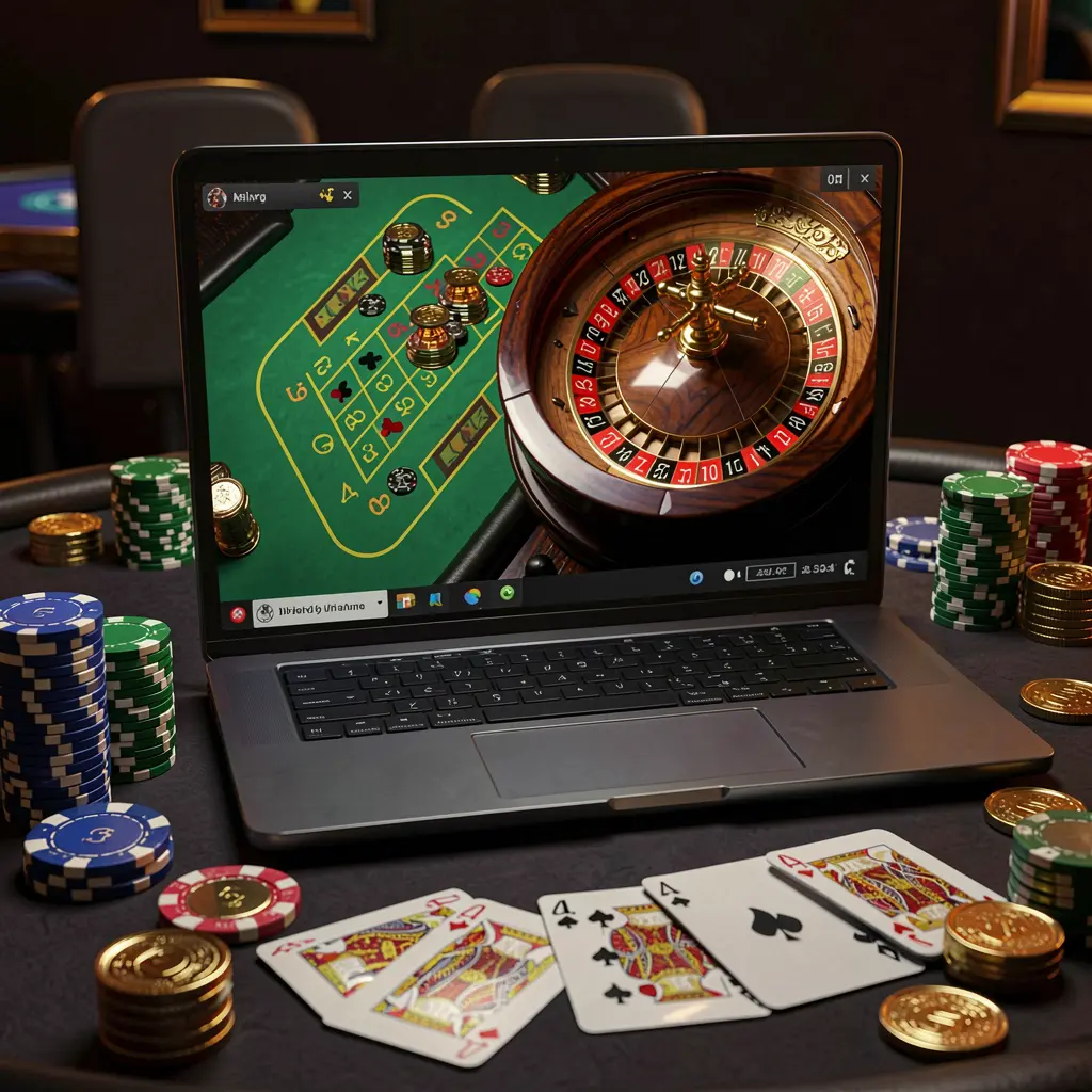 Elegant online roulette scene on a laptop surrounded by casino chips and cards highlighting the premium live casino atmosphere of QQ63 for players in the Philippines