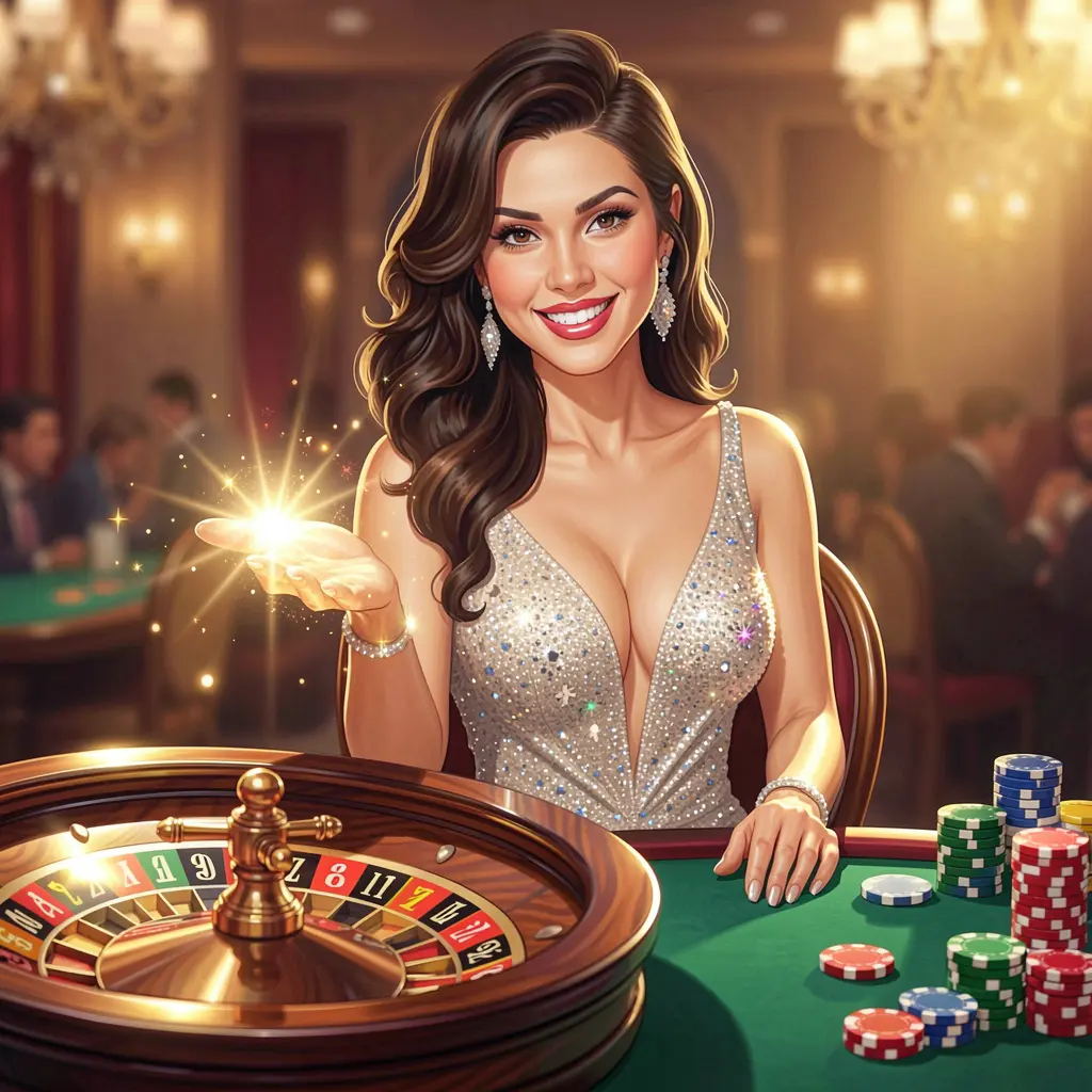 Elegant Filipino live casino hostess in a sparkling dress inviting players to log in with glowing roulette wheel and casino chips behind her at QQ63