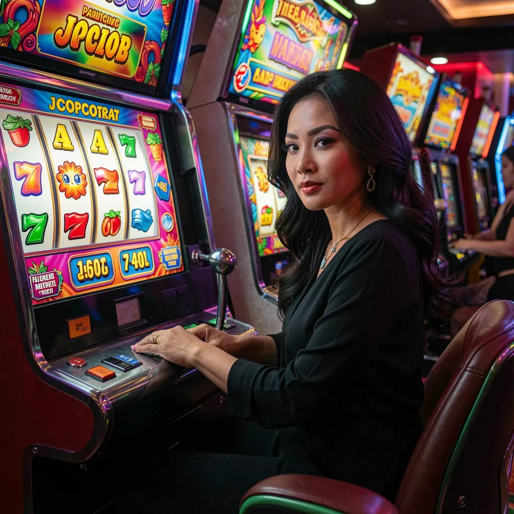 Stylish woman enjoying premium slot gameplay on a modern machine with bright reels and jackpots at QQ63 casino in the Philippines